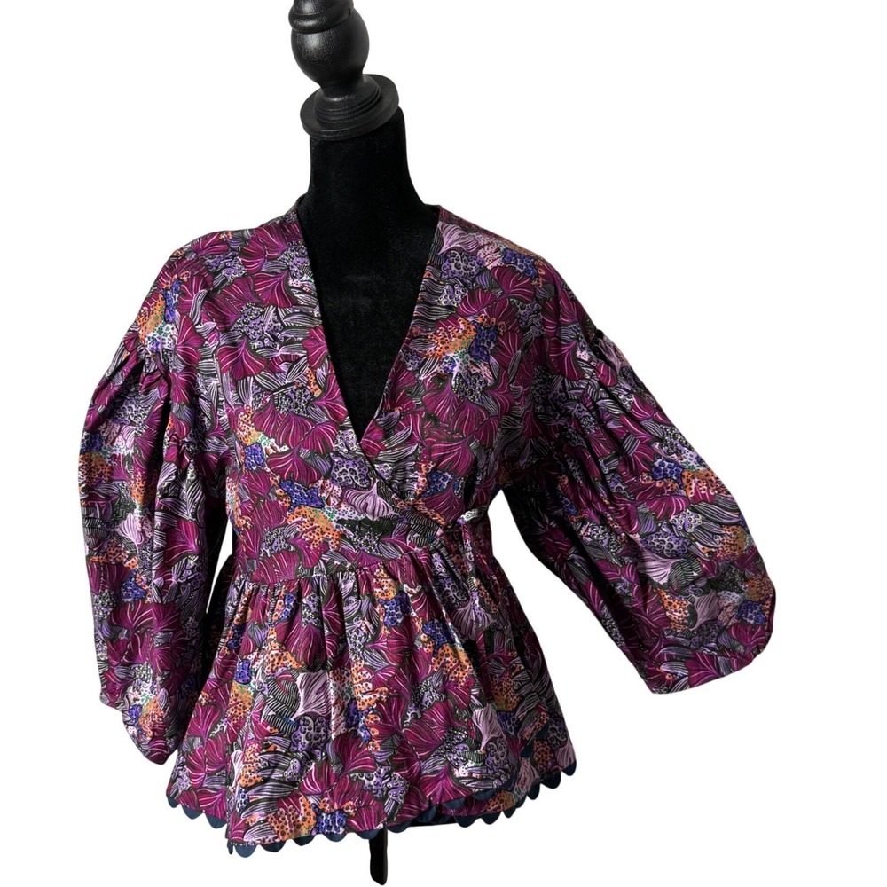 Balloon Puff Sleeve Peplum Scallop Hem Statement Wrap Blouse XXS Purple Floral